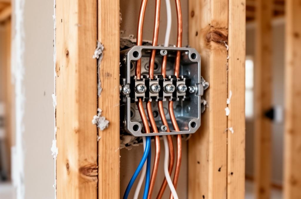 Electrical rough-in inspection inside new construction home wall during pre-drywall phase