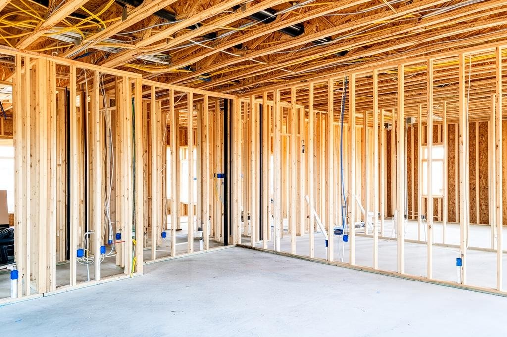 Pre-drywall inspection of a new construction home showing exposed framing, wiring, and plumbing before drywall installation